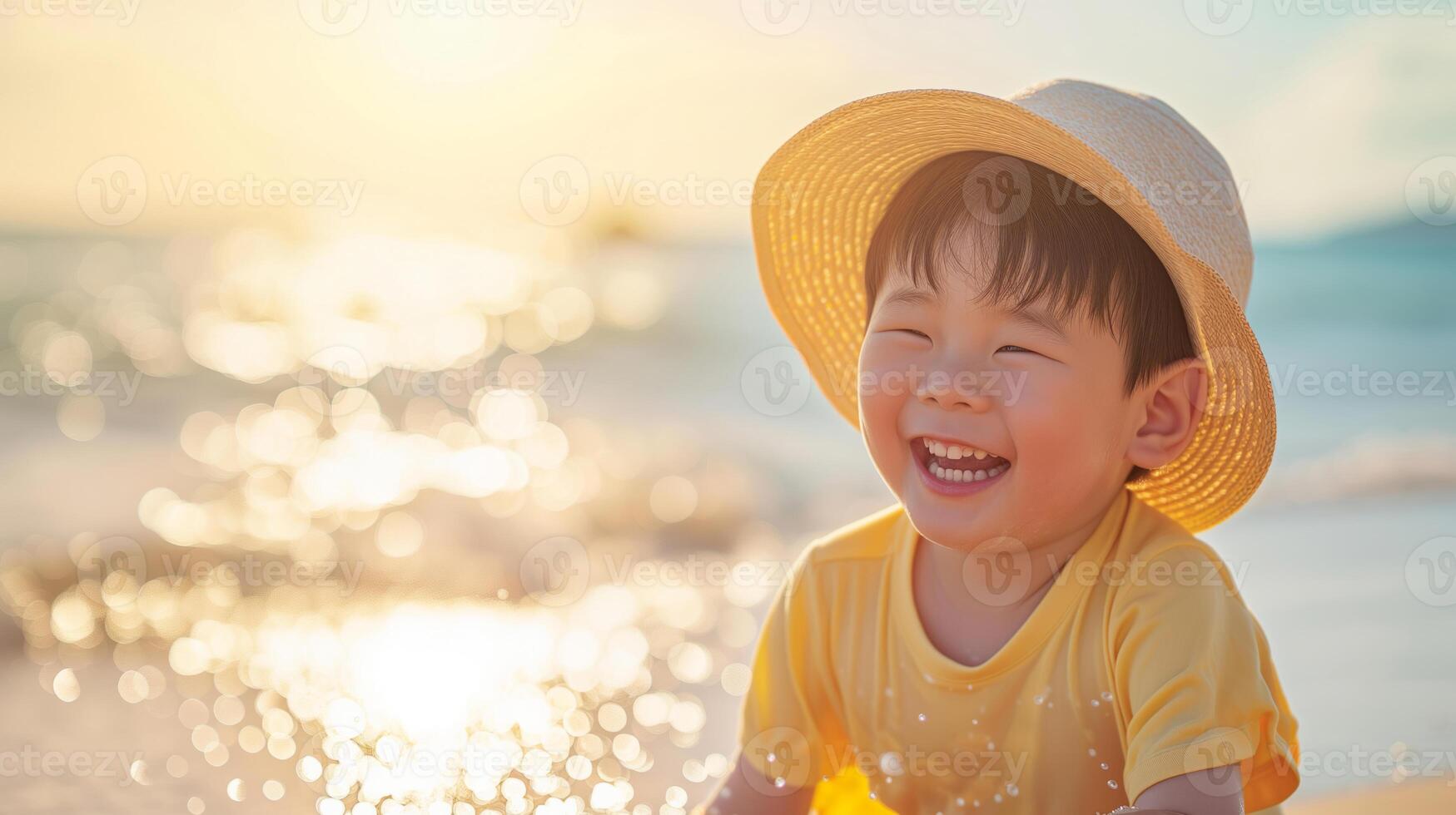AI generated a little asian boy joyfully having a great time on a sunny beach during a warm day. toddler on the beach at summertime with copy space photo