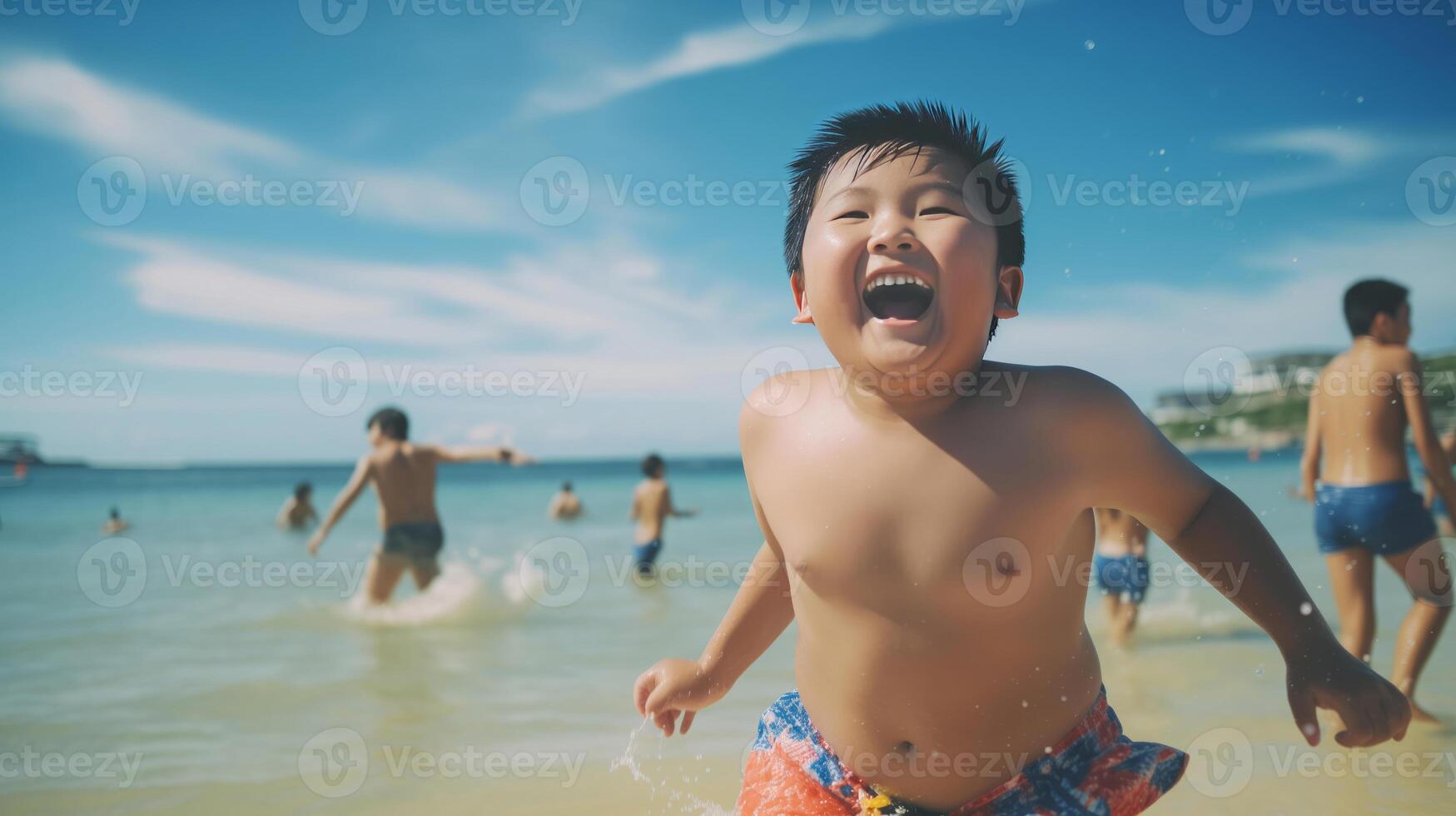 AI generated a chubby asian boy joyfully having a great time on a sunny beach during a warm day. toddler on the beach at summertime with copy space photo