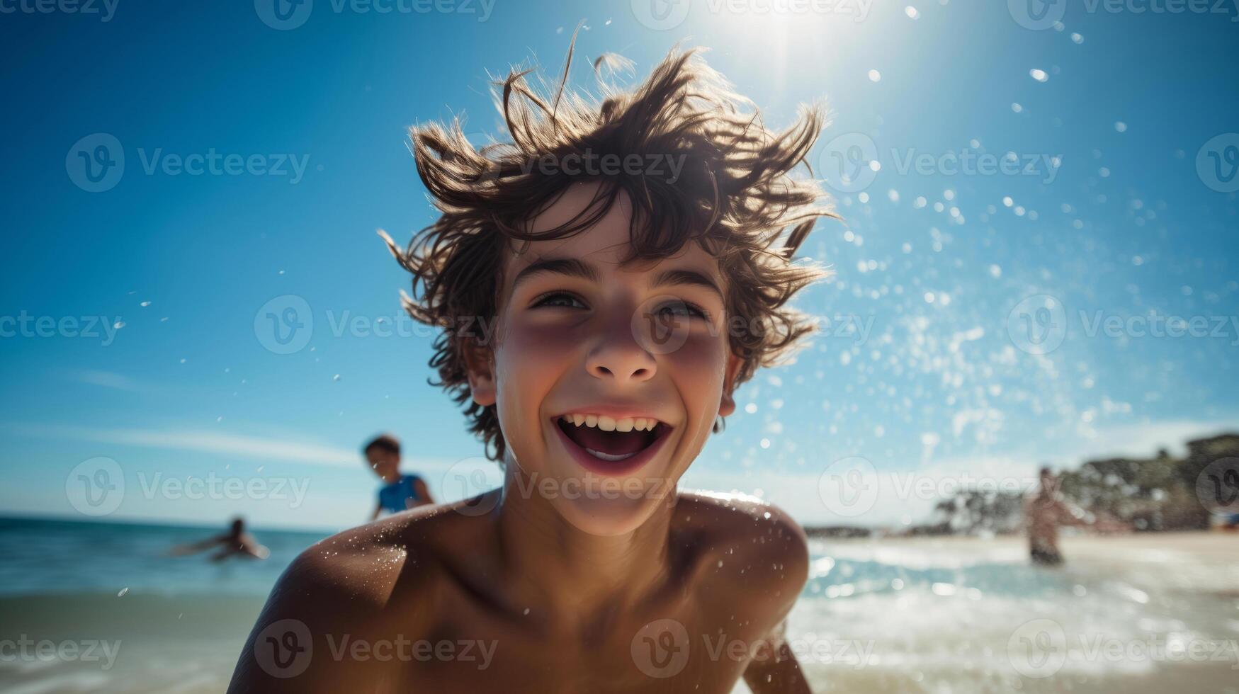 AI generated a teenage boy happily enjoying himself on a sunny beach during a warm day. teenage boy on the beach in the summer. travelling alone concept, happy moment photo