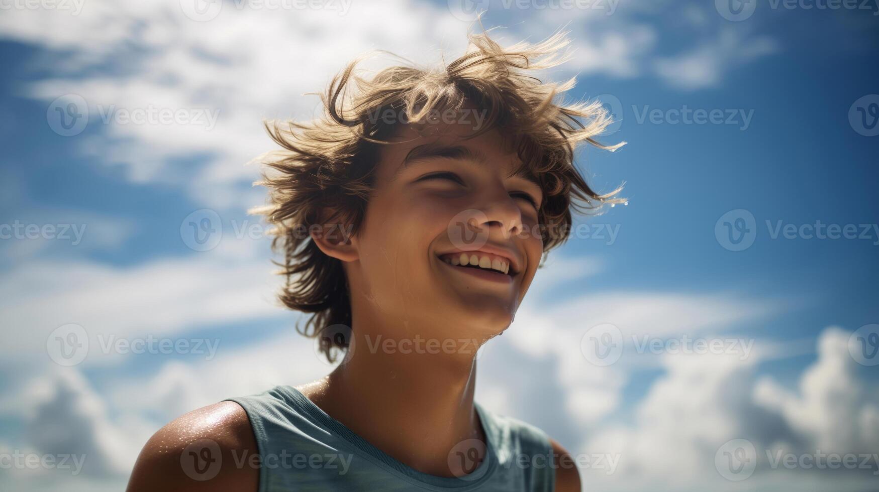 ai generado un Adolescente chico felizmente disfrutando él mismo en un soleado playa durante un calentar día. Adolescente chico en el playa en el verano. de viaje solo concepto, contento momento foto