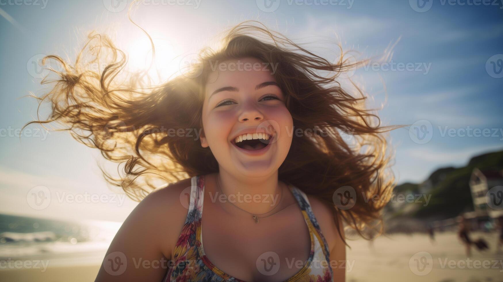 AI generated A chubby teenage girl happily enjoying herself on a sunny beach during a warm day. girl on the beach in the summer. travelling alone concept, happy moment. photo