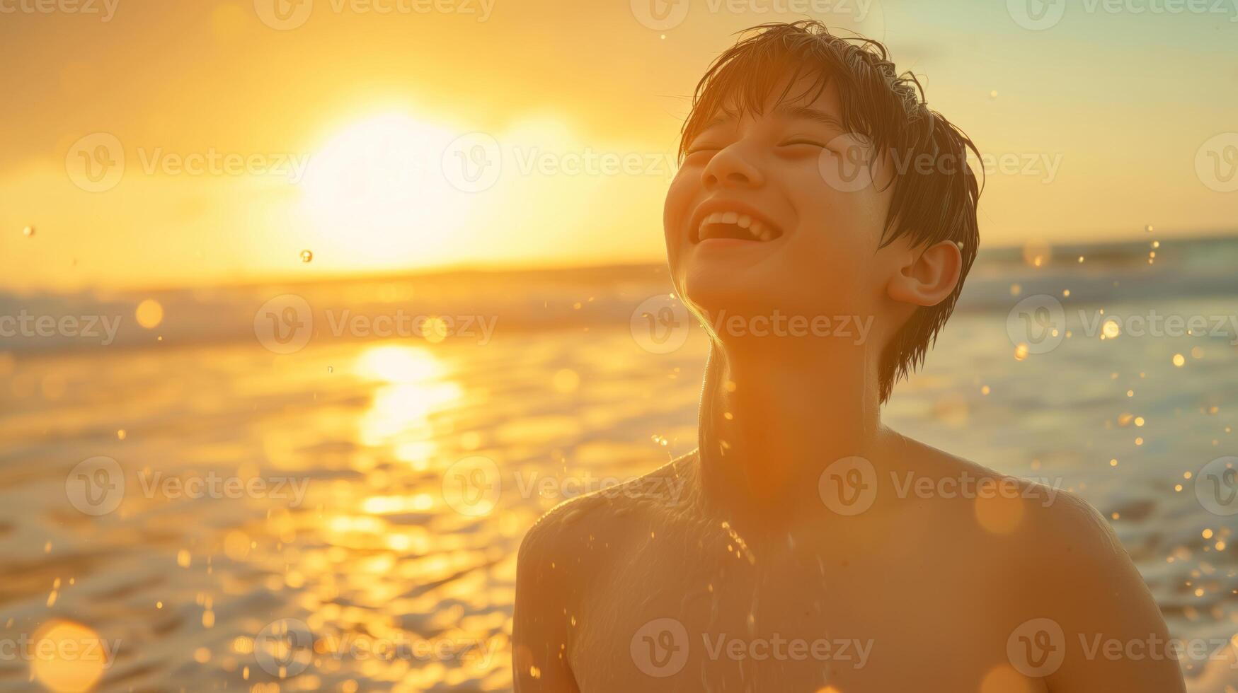 AI generated a young thai teenage happily enjoying himself on a sunny beach during a warm day. photo