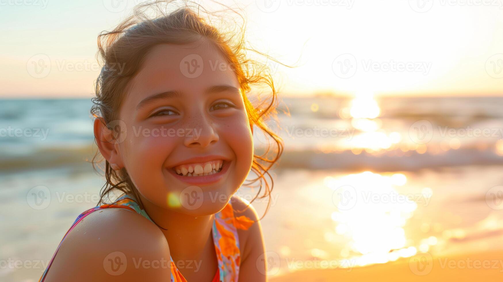 AI generated A chubby teenage girl happily enjoying herself on a sunny beach during a warm day. girl on the beach in the summer. travelling alone concept, happy moment. photo