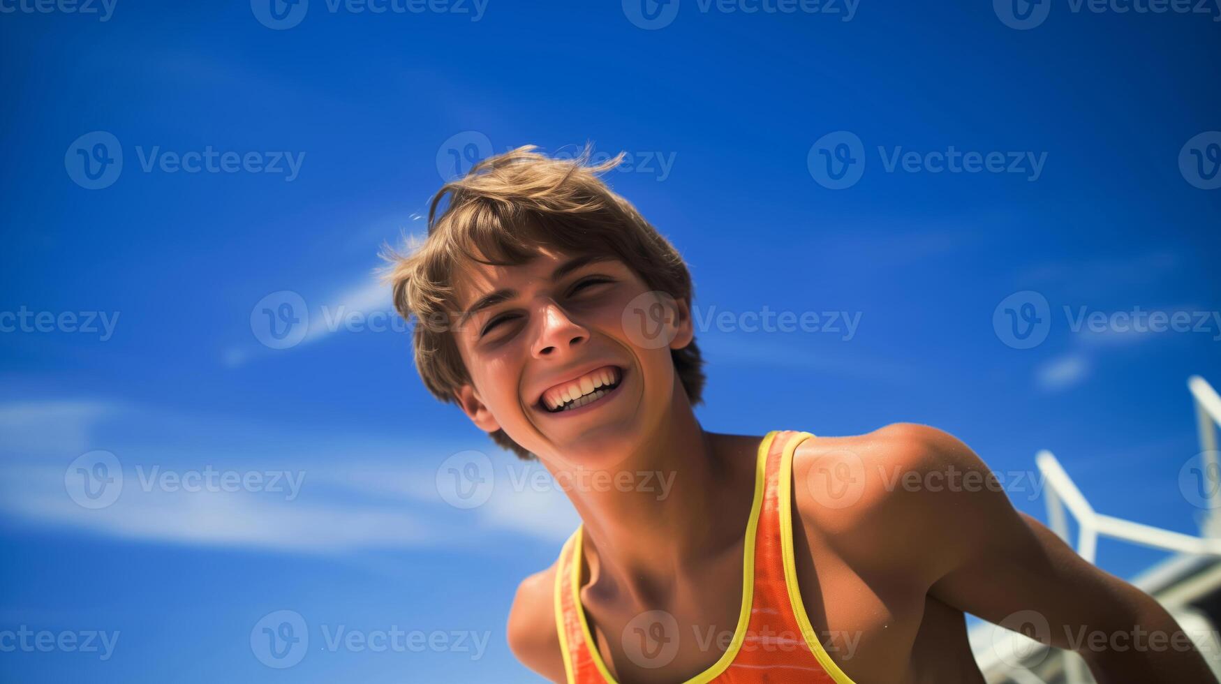 AI generated a teenage boy happily enjoying himself on a sunny beach during a warm day. teenage boy on the beach in the summer. travelling alone concept, happy moment photo