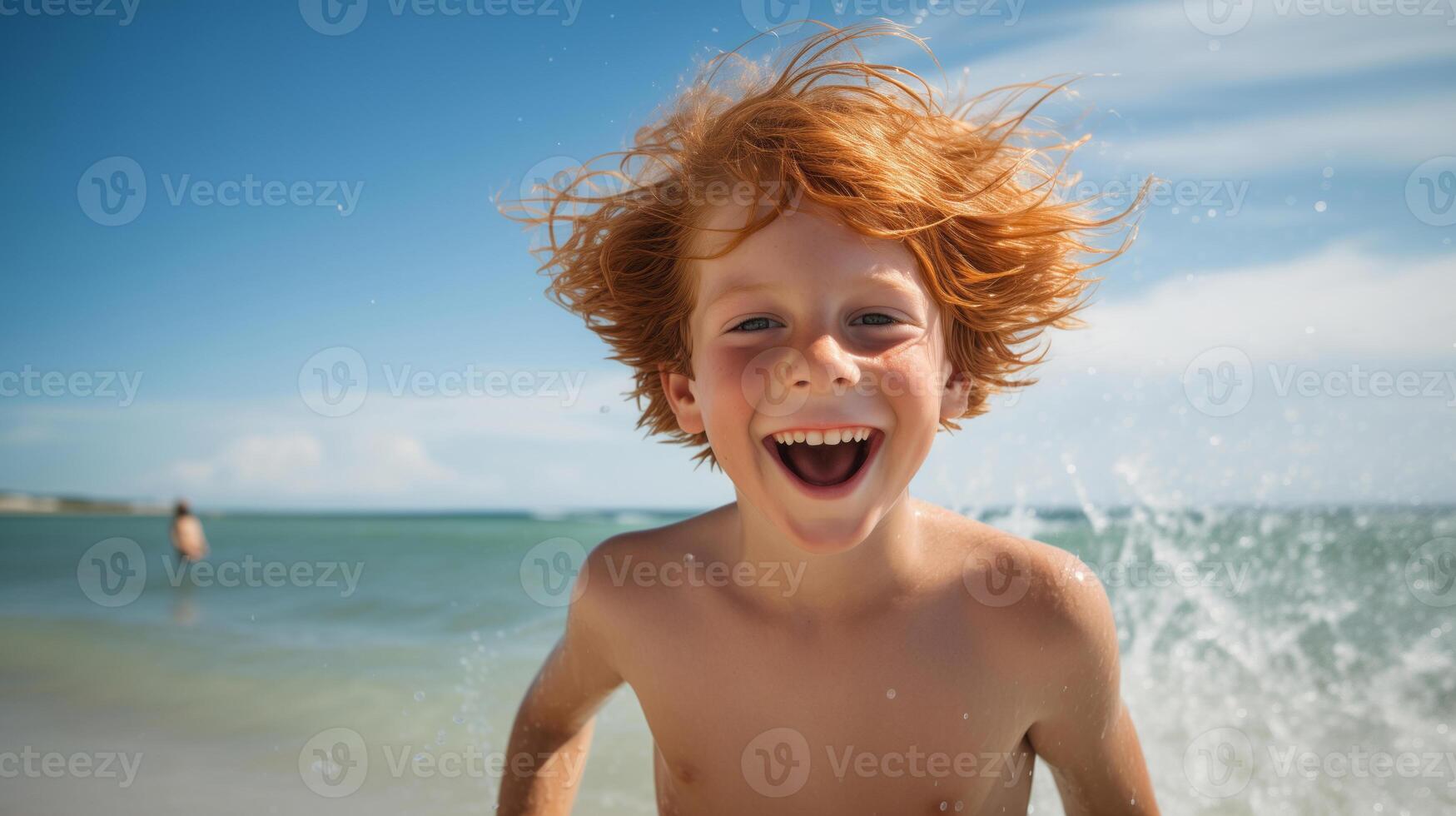 AI generated a ginger boy happily enjoying himself on a sunny beach during a warm day photo