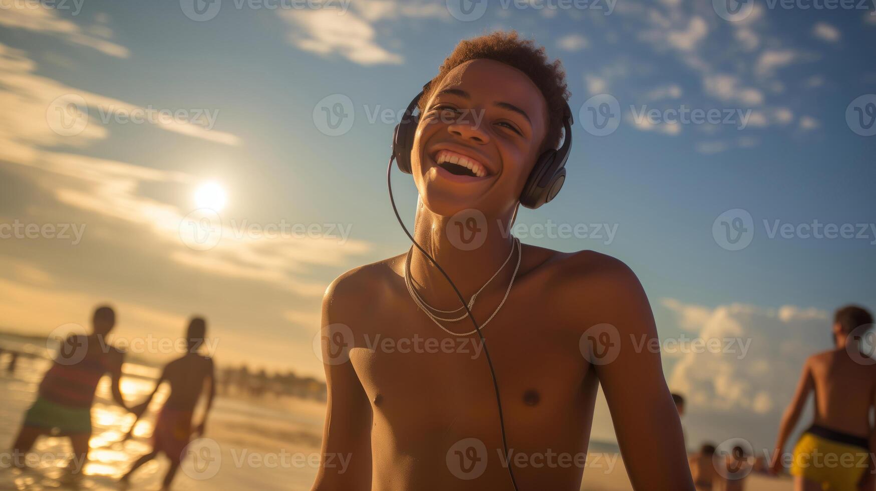 AI generated a young african american teenage happily enjoying himself on a sunny beach during a warm day. photo