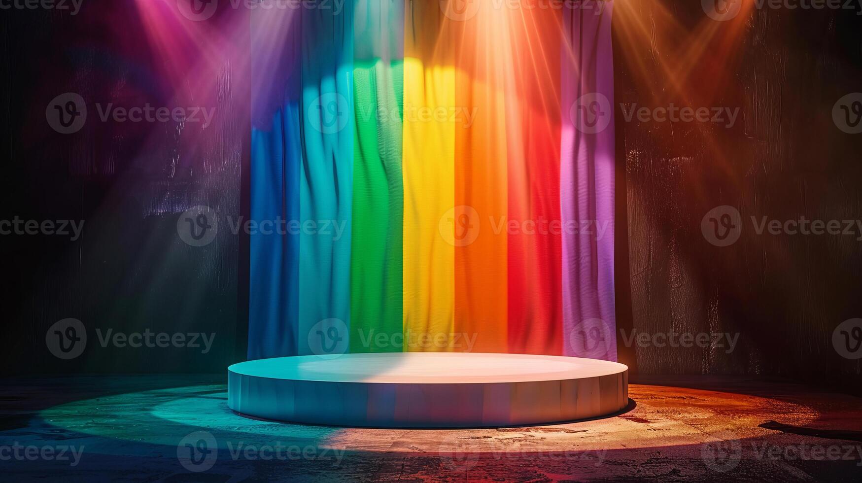 AI generated empty white podium on rainbow flag background with spotlight on top for product presentation, pride month theme photo