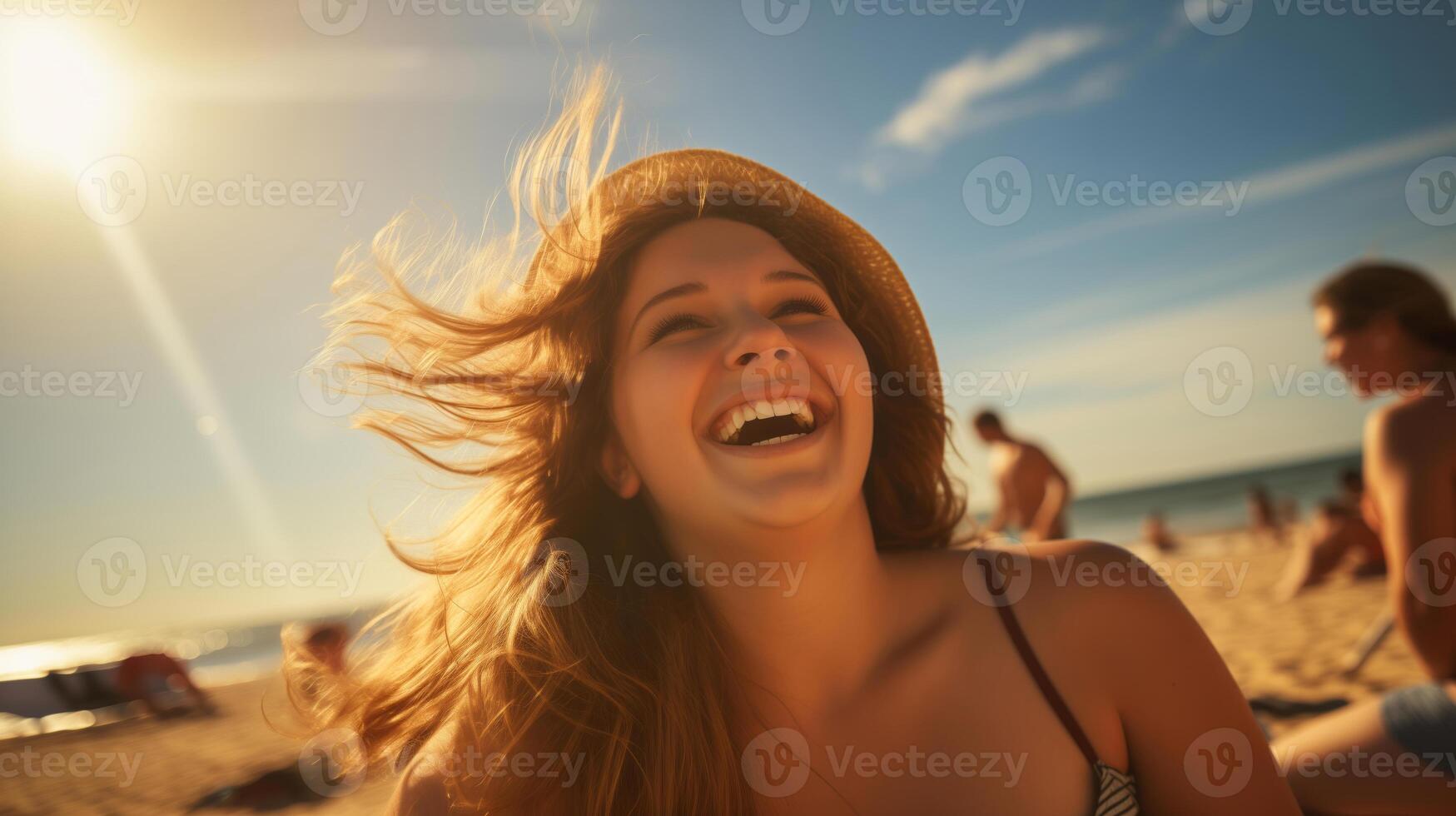 AI generated A chubby teenage girl happily enjoying herself on a sunny beach during a warm day. girl on the beach in the summer. travelling alone concept, happy moment. photo