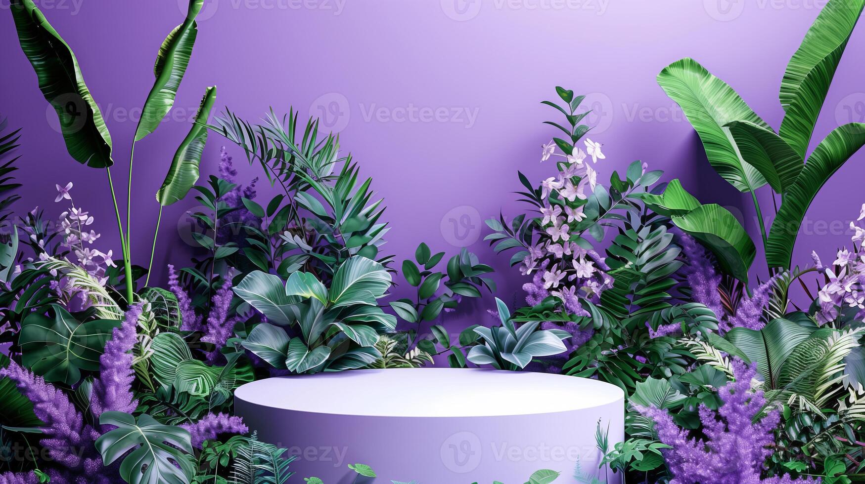 AI generated A white podium against a purple backdrop, adorned with lush greenery and violet flowers for product presentation photo