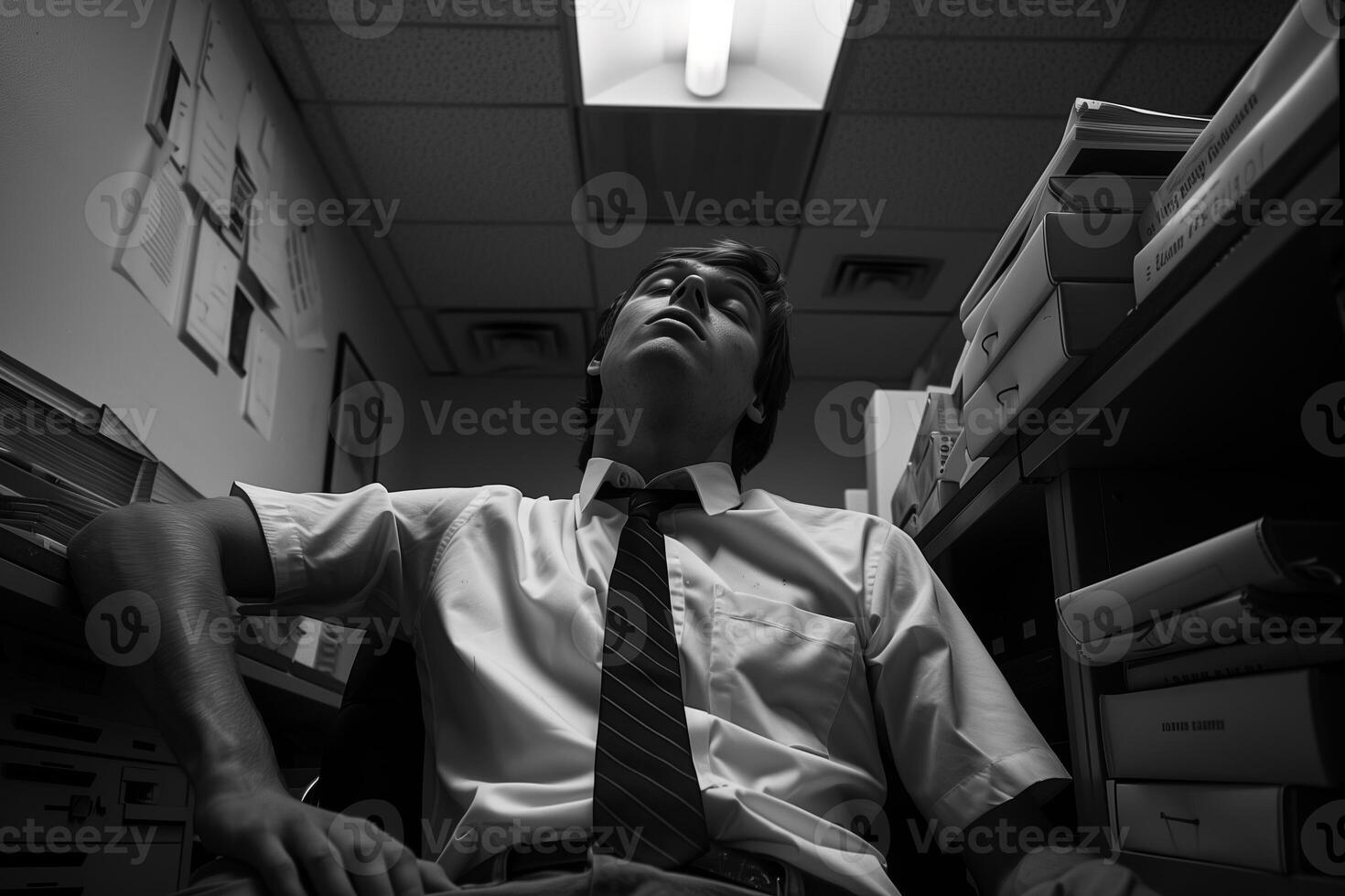 AI generated A newly employed young man, initially full of drive, within a stressful office experiencing early career burnout. photo