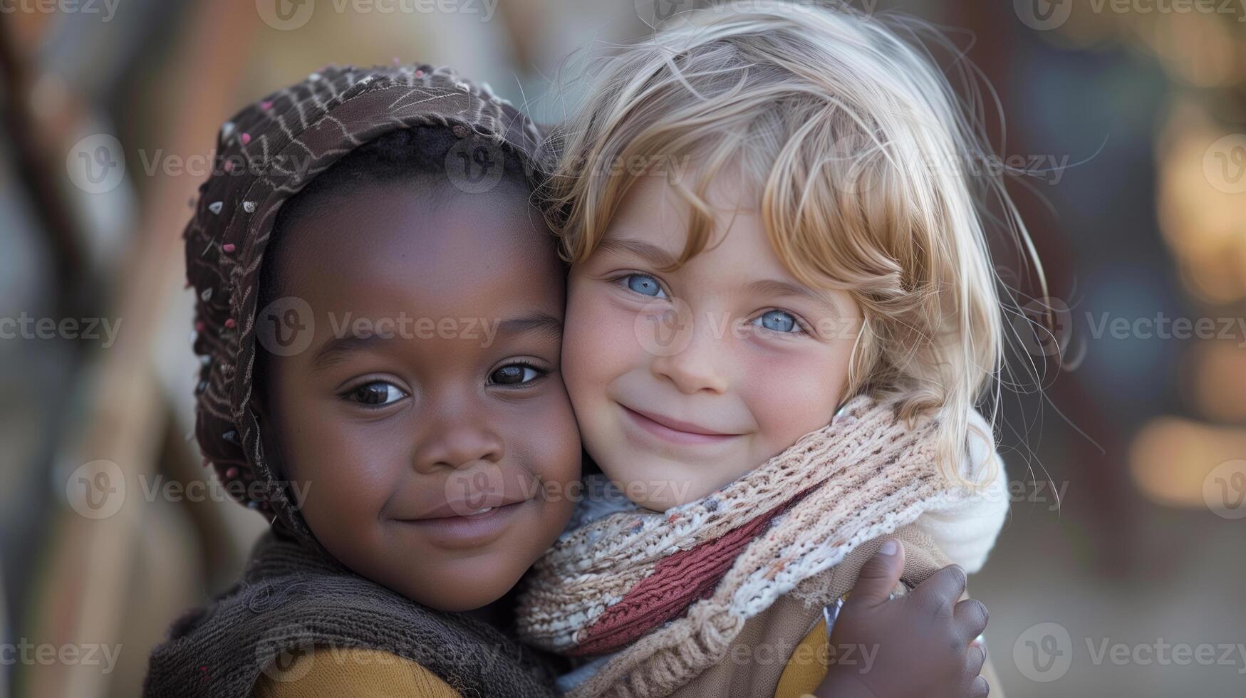 AI generated A caucasian girl and an african girl hugging each other, surrounded by an ambiance of love, warmth, smiling faces, and joy photo