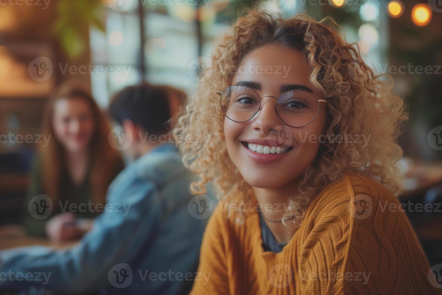 AI generated A young woman happy smile in a modern cozy meeting room, with a relaxed work life balance atmosphere. photo