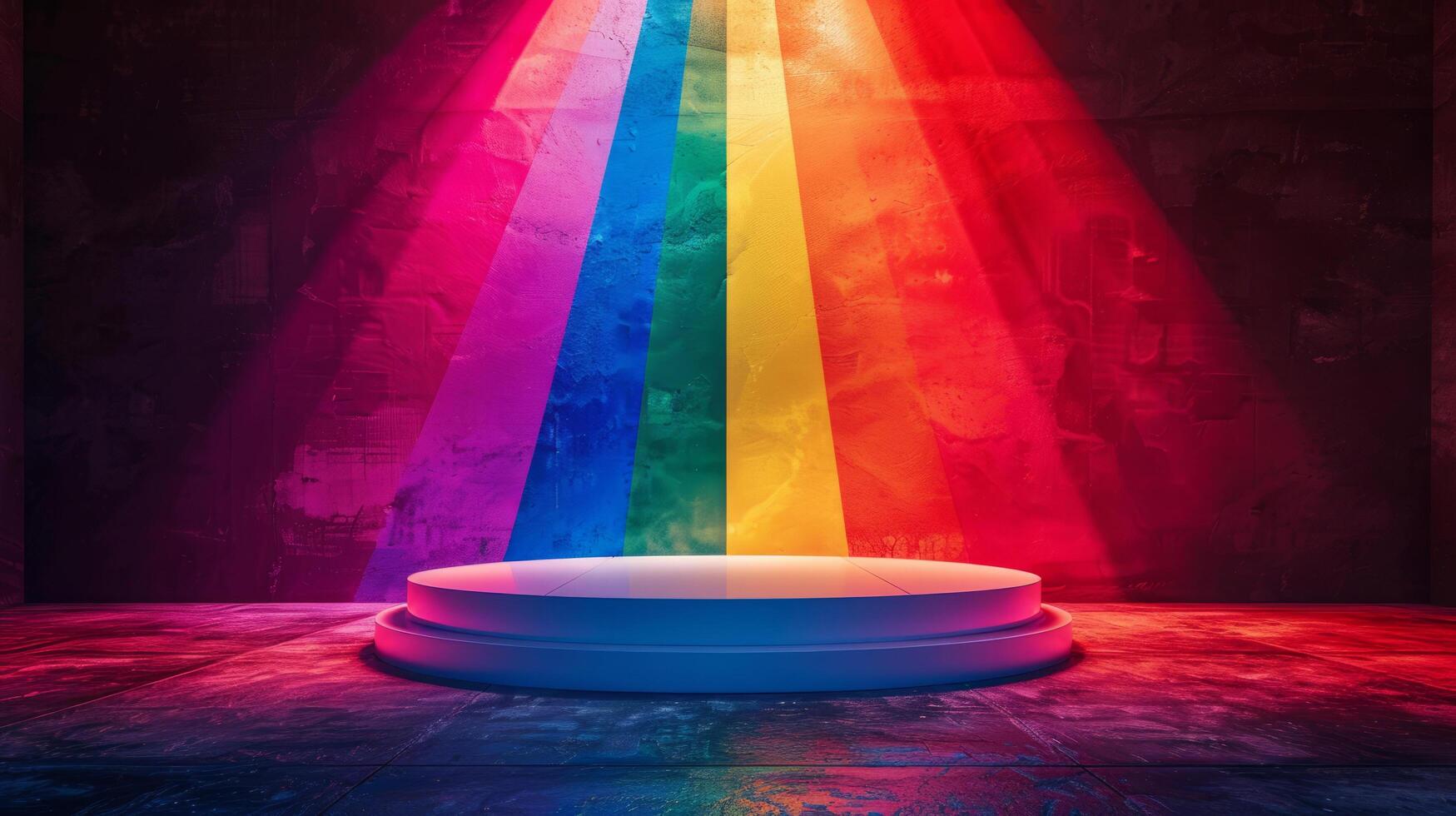 AI generated empty white podium on rainbow spectrum background for product presentation, pride month theme photo