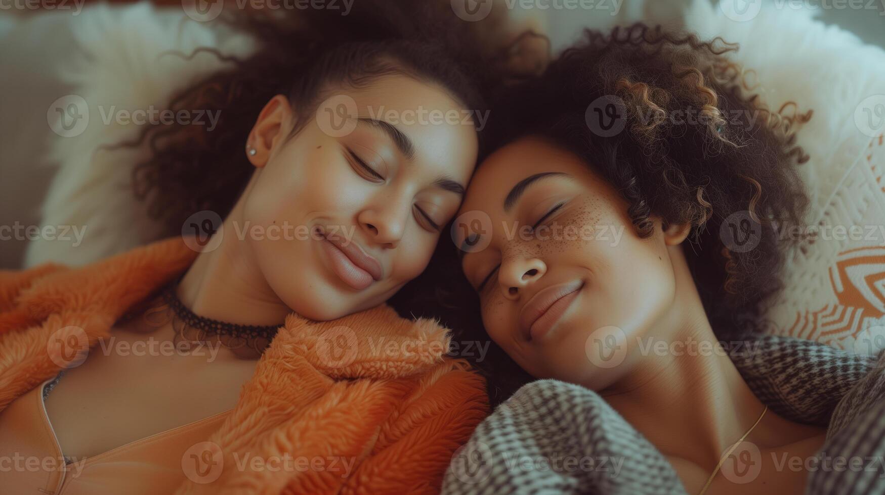 AI generated Happy LGBTQ couple in soft peach fuzz attire, relaxed in their living room. photo