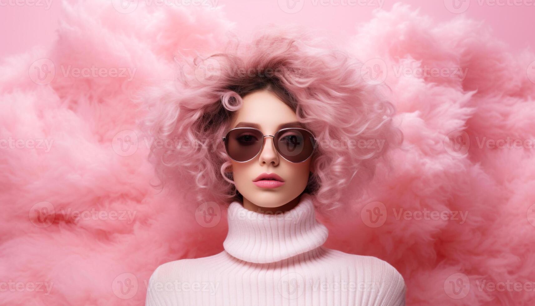 AI generated Abstract fantasy girl wearing colorful fluffy fur stole around her neck and sunglasses. Light form Studio lighting on pink background. photo