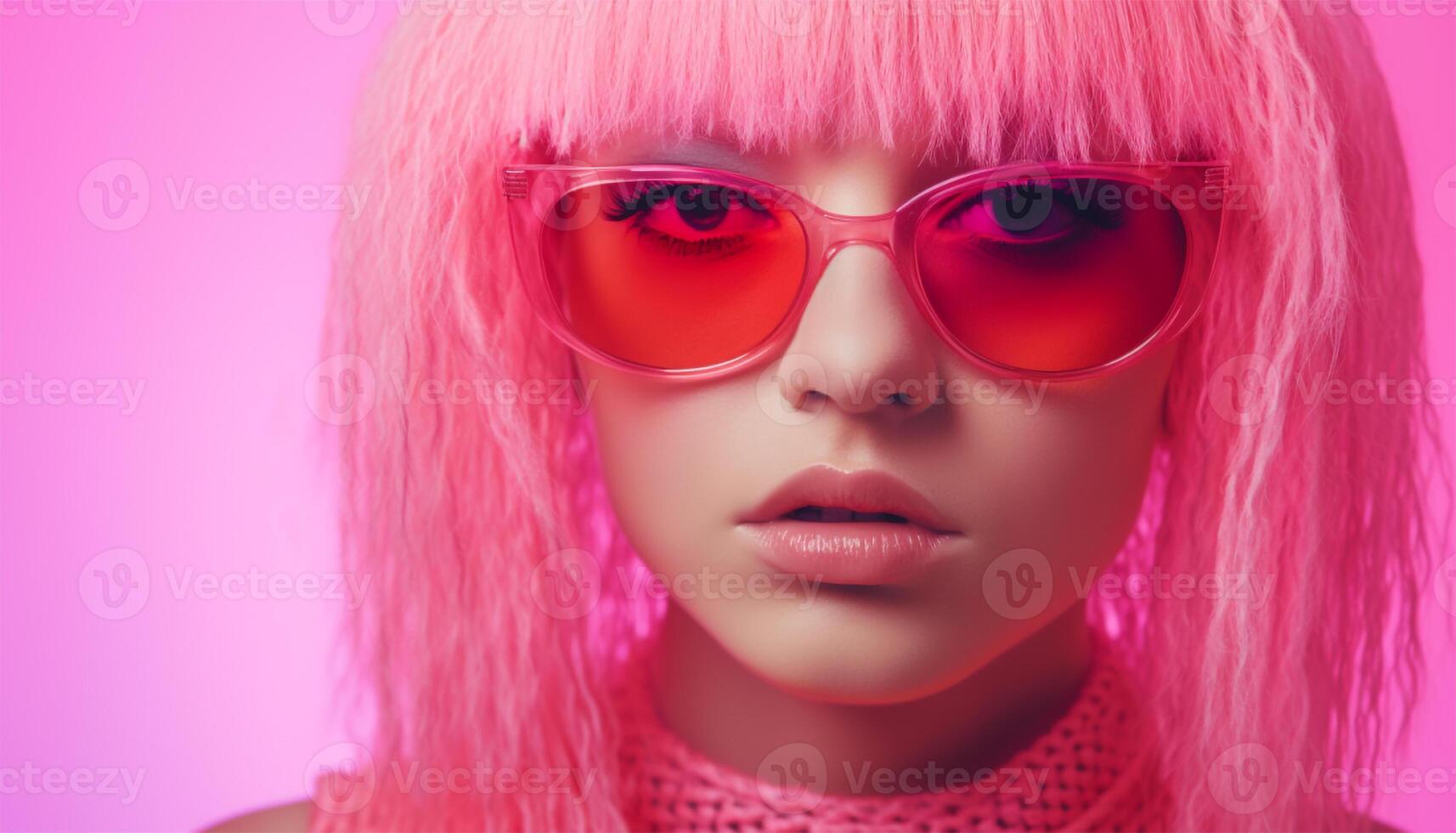 AI generated Abstract fantasy girl wearing colorful fluffy fur stole around her neck and sunglasses. Light form Studio lighting on pink background. photo