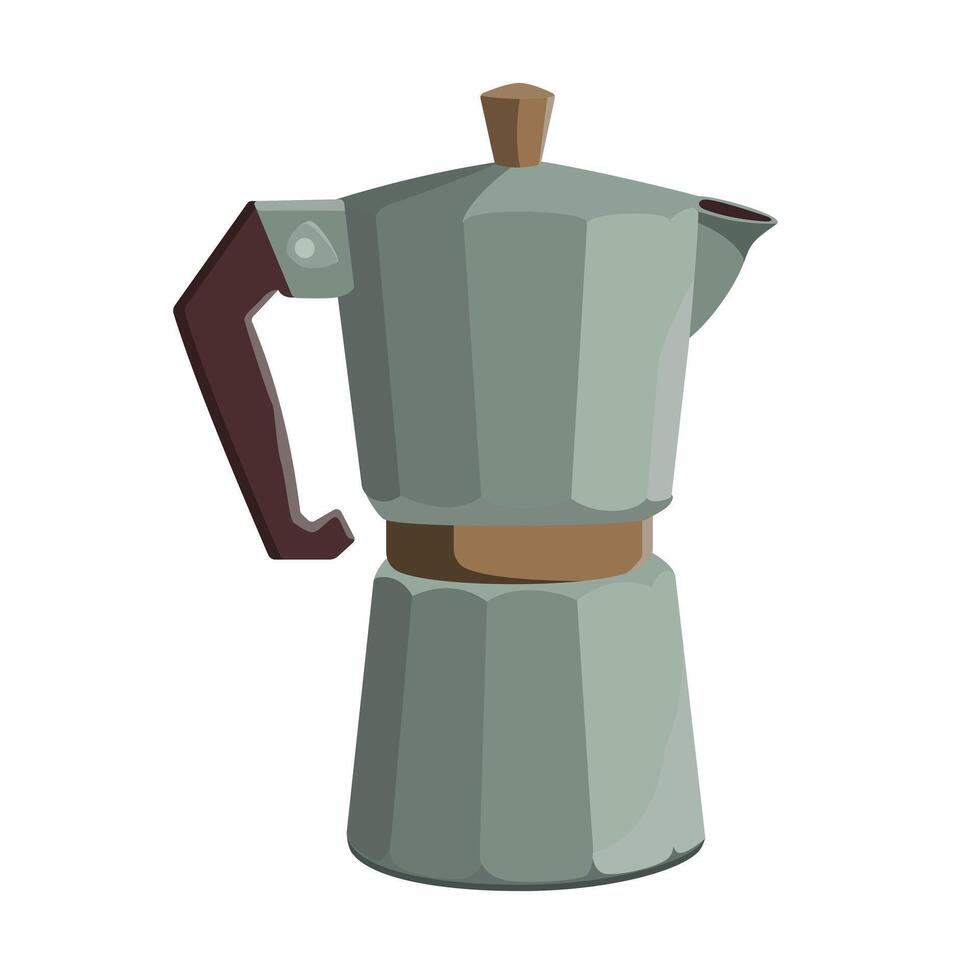 Pastel green Moka pot coffee maker. Cartoon vector illustration on white background. Hand drawn Italian coffee maker