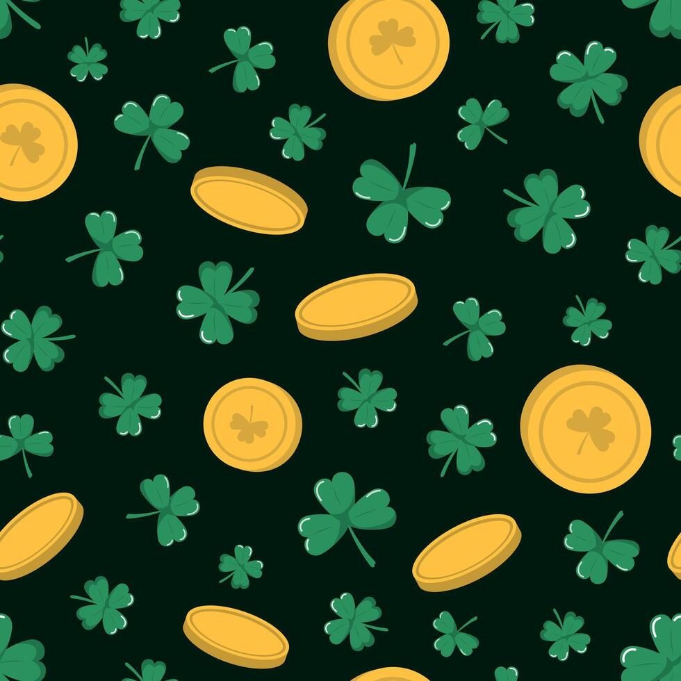 oro monedas y trébol hojas sin costura modelo en un oscuro verde antecedentes. estacional fiesta diseño para S t. patrick's día, para niños textiles, cubre vector