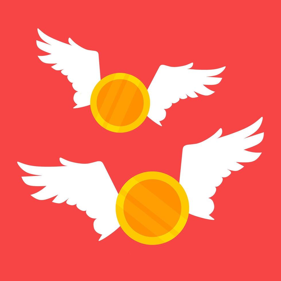 Vector illustration of flying gold coins with feathered wings isolated on red background. Two money flies. Concept of finance, wealth, investment and spending.