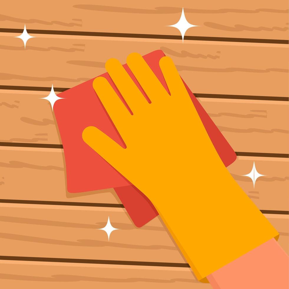 Clean wooden surfaces in your home or office with a cloth napkin. Hands in protective yellow gloves. Home cleanliness concept. Vector illustration