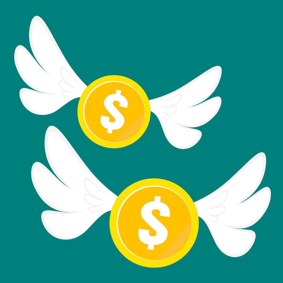 Gold dollar coin flying with wings isolated on green background. Two money flies. Concept of finance, wealth, investment and spending. Vector illustration