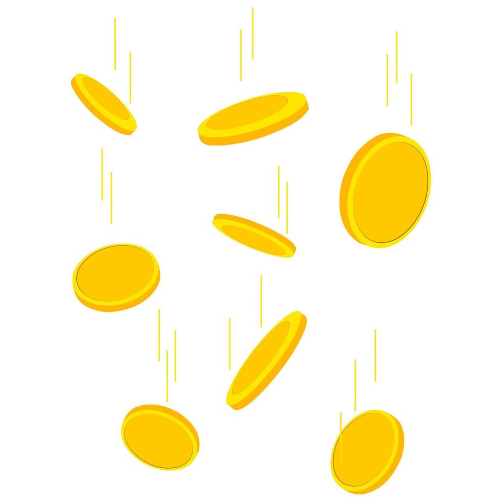 Vector icon of falling gold coin with speed line isolated on white background. Illustration of raining coins. Concept of winning or jackpot.