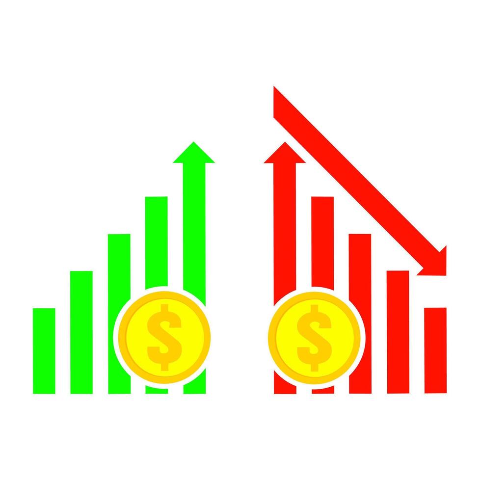 Vector icon of dollar price increase and decrease marked with up and down arrows. Dollar symbol and graph isolated on white background. The concept of profit and loss in business.