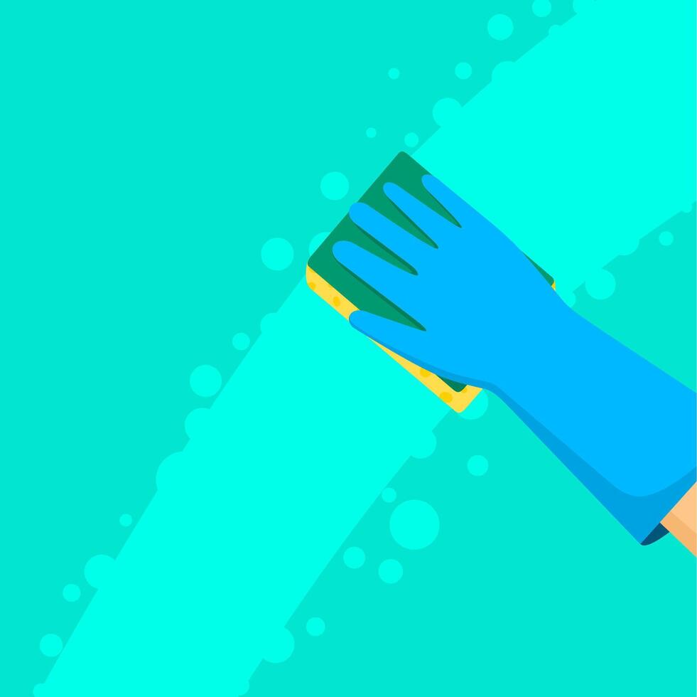 Vector illustration of cleaning surfaces at home with sponge and soap with hands in protective rubber gloves. Domestic worker concept.