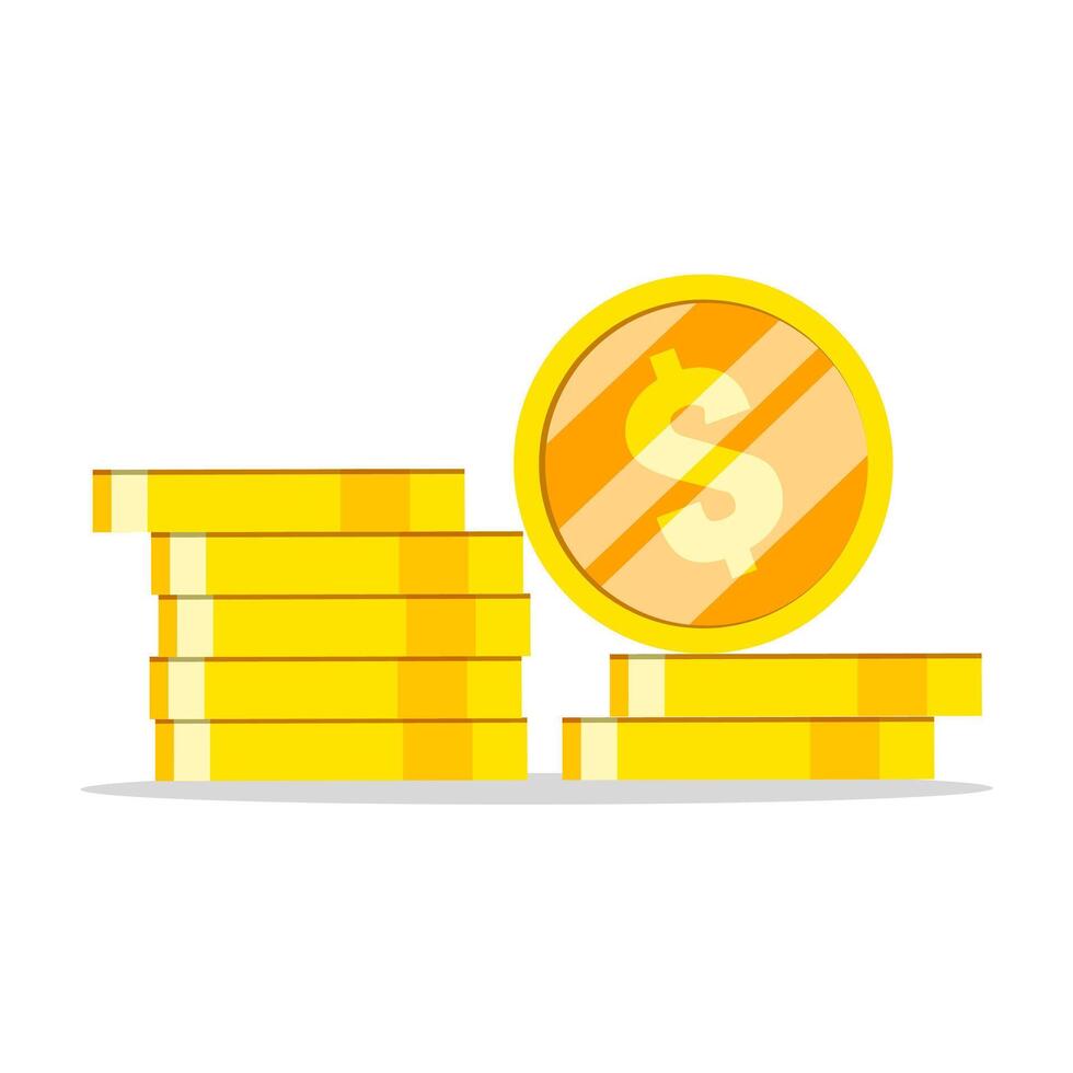 Vector illustration of stack of gold coins isolated on white background. One shiny coin stands on a pile of coins. Concept of wealth, income and investment.