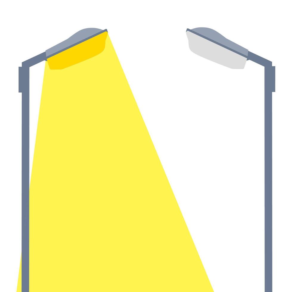 Electric street light poles are on with yellow lights and broken street light poles with lights off. Street light icon isolated on white background. Vector illustration