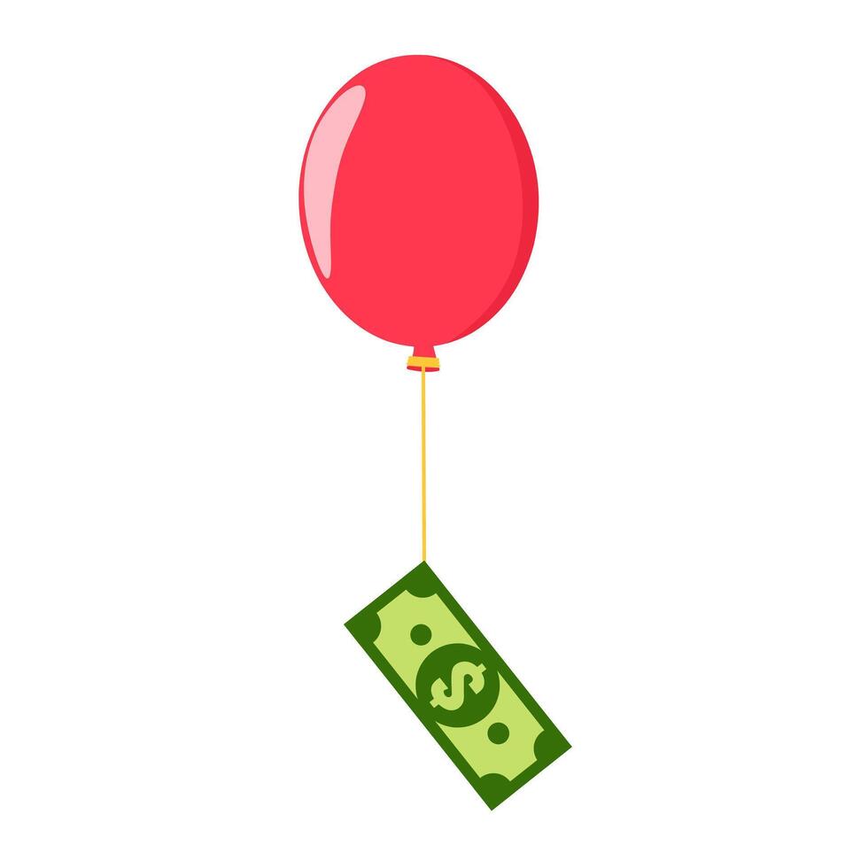 Vector icon of dollar banknote with flying balloon isolated on white background. The cash carried was flown using gas balloons. Design concept of payment, receipt, funding and investment assistance.