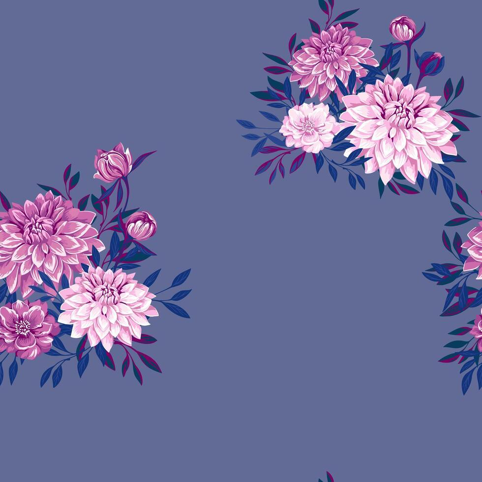 Beautiful stylized bouquets flowers dahlias and tiny gently branches leaves seamless pattern. Abstract, artistic floral on a blue background. Vector drawn illustration. Design for fashion, printing