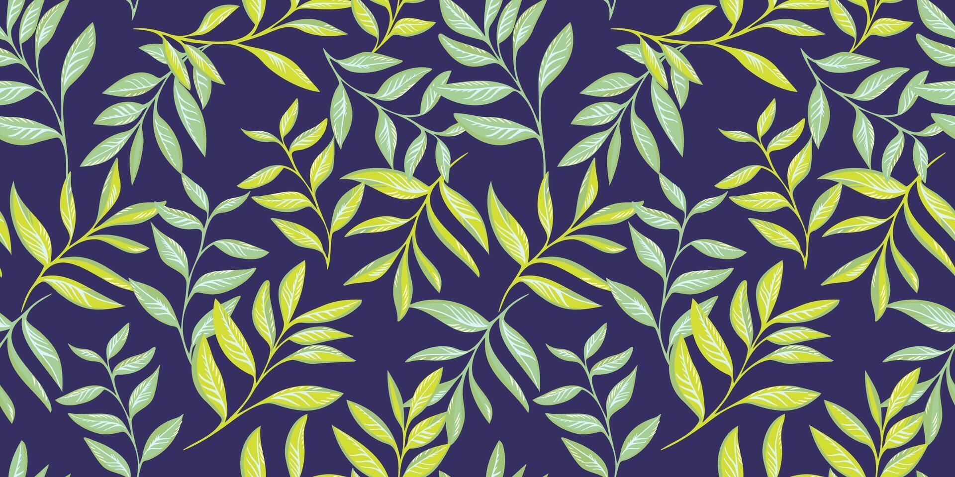 Creative artistic vibrant branches leaves intertwined in a seamless pattern. Vector hand drawn. Botanical tropical  floral print on a dark blue background. Design for fashion, fabric, wallpaper.