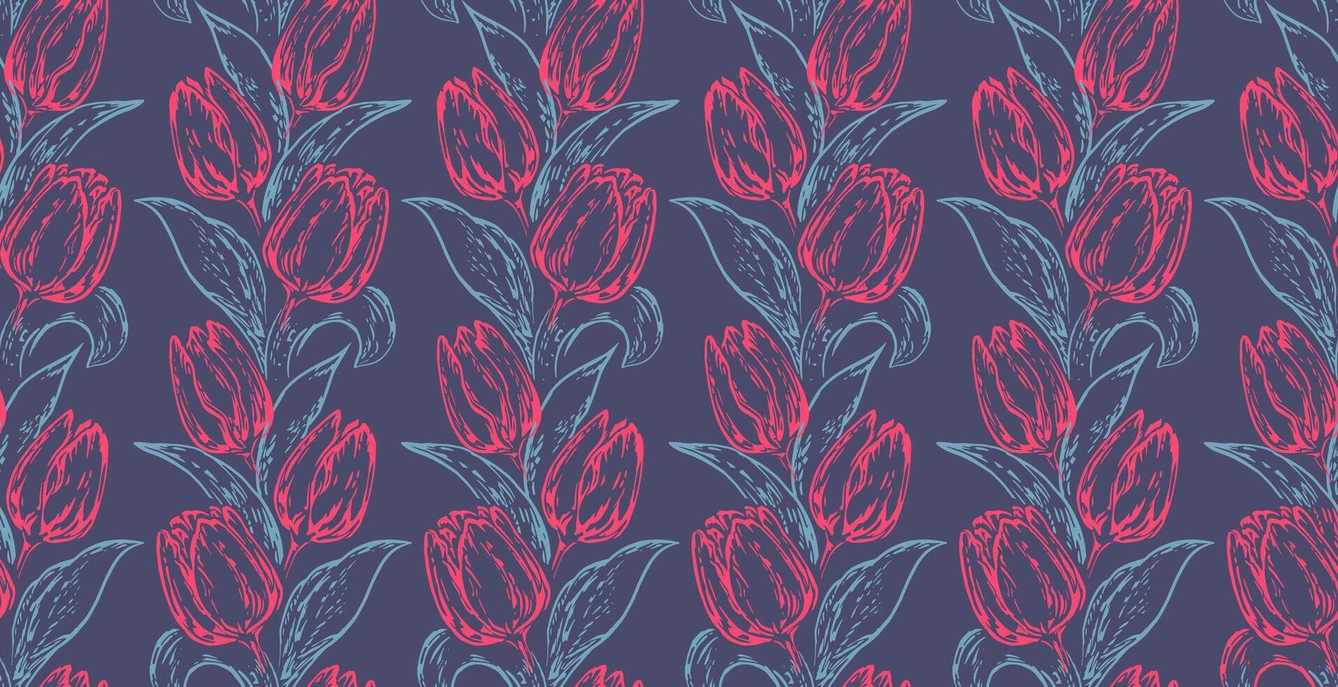 Artistic stylized shapes branches tulips with leaf intertwined in a seamless pattern. Vector drawn illustration red lines outlines flowers and blue leaf. Abstract simple botanical on blue background.