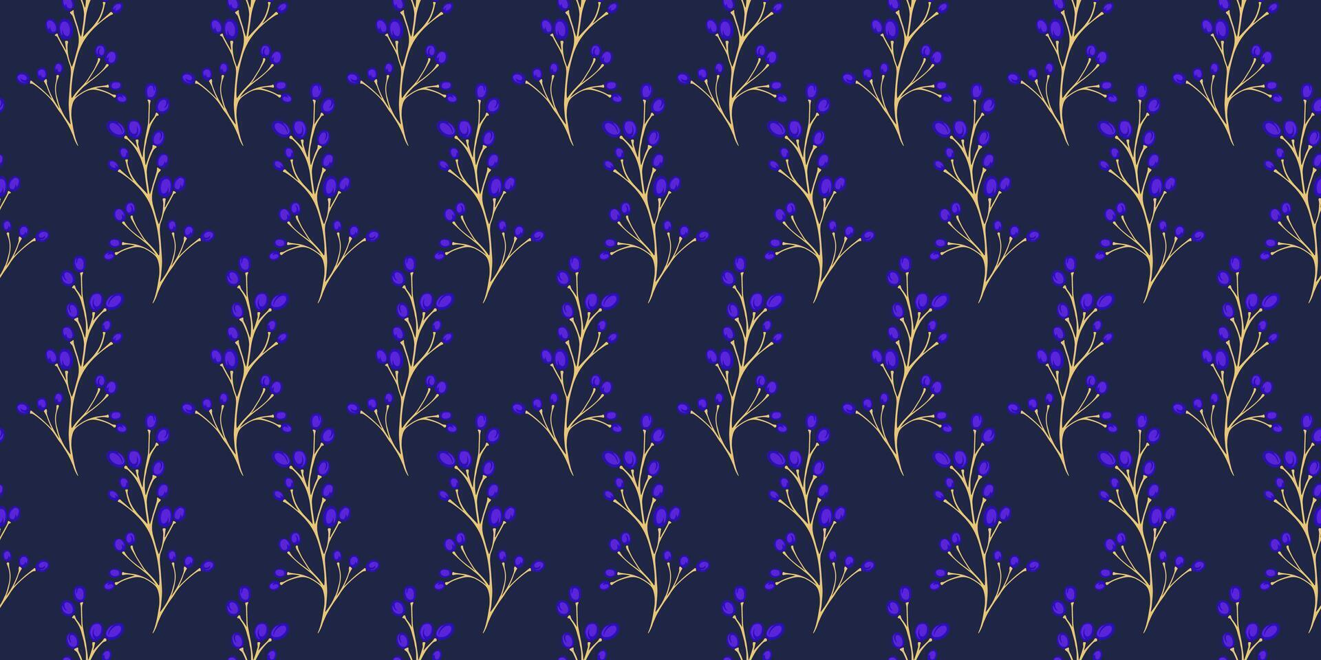 monótonos oscuro azul sin costura modelo estilizado ramas con resumen bayas. creativo minúsculo floral tallos con formas gotas, puntos, lugares modelo. vector mano dibujado bosquejo. collage para diseños