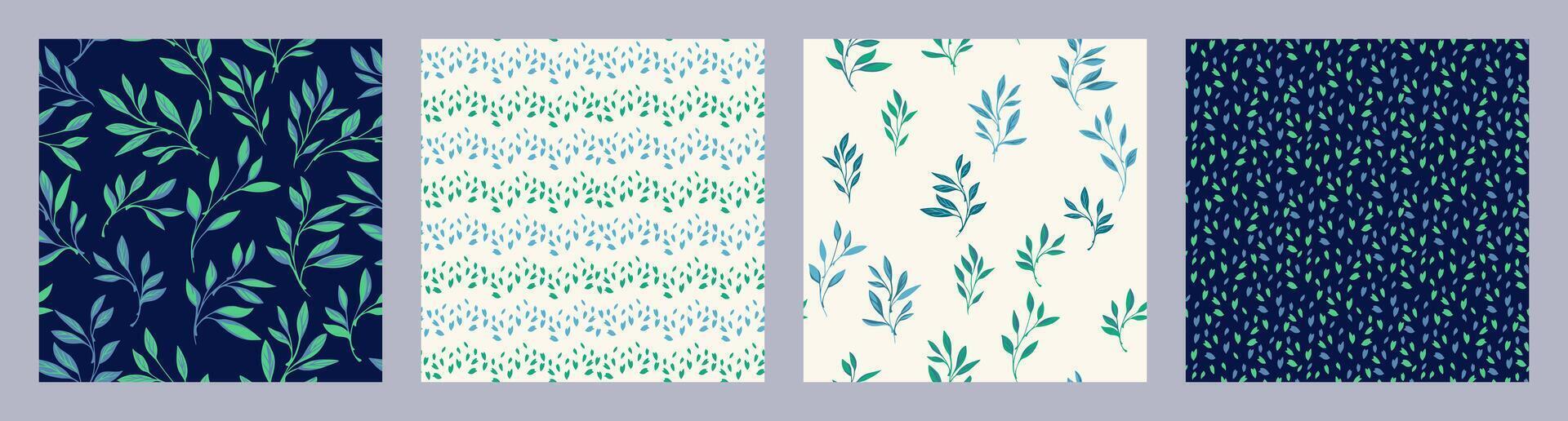 Light collage of set seamless patterns with green tiny abstract branches leaves, simple random spots, polka dots, lines, textures drops rhombus.Vector hand drawn sketch.Templates for design, printing vector