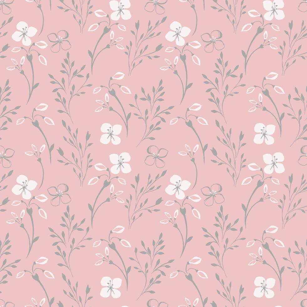 Contour silhouette seamless pattern with tiny gently branches, flowers and buds. Abstract gently floral stems patterned on a pastel pink background. Vector hand drawn sketch. Collage for designs