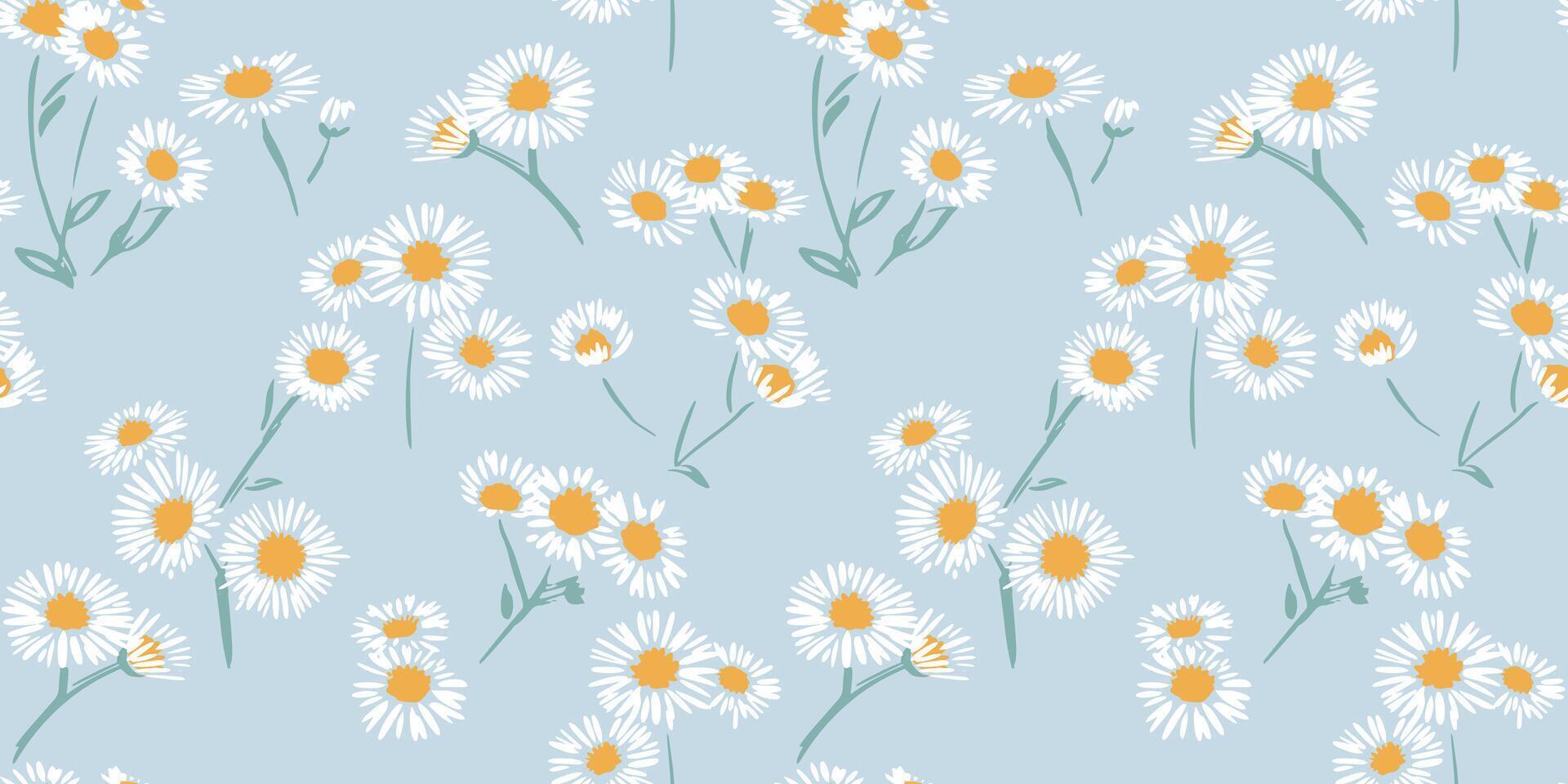 Seamless abstract stylized branches white flowers daisy chamomiles pattern on a blue background. Cute tiny shapes ditsy floral patterned. Vector hand drawn sketch. Collage for designs, printing