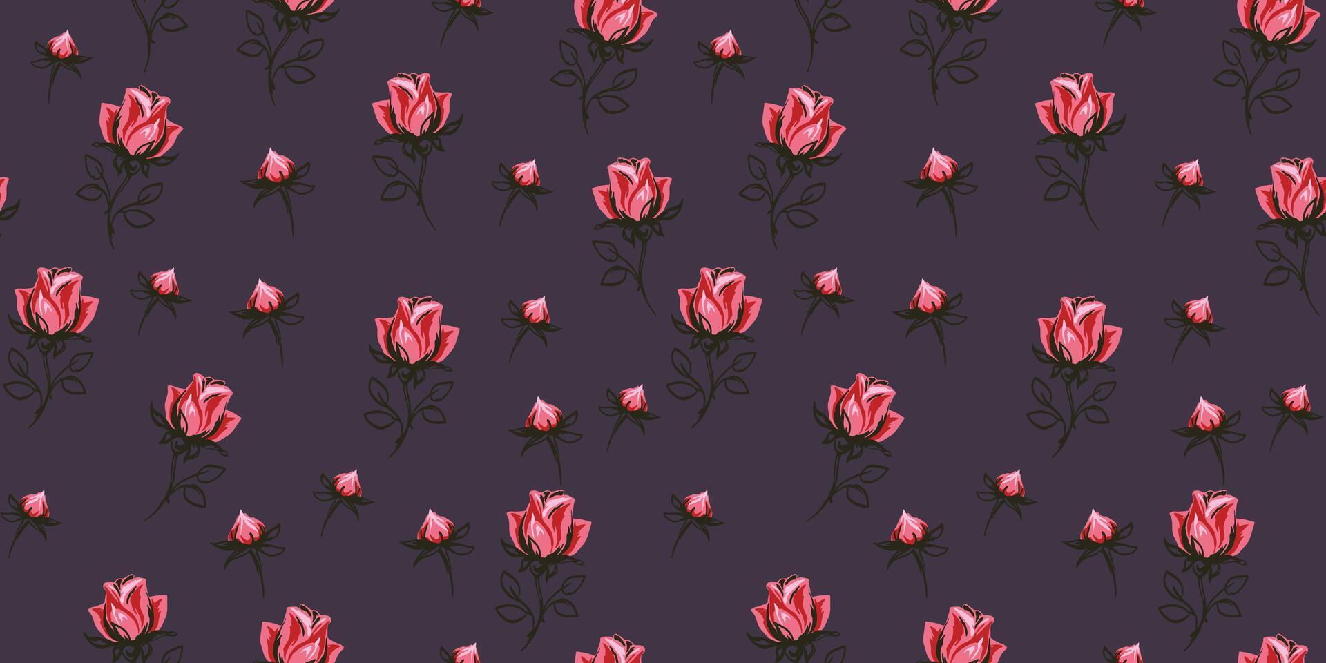 Seamless pattern with creative stylized flowers roses, tiny rosebuds, buds on a dark background. Vector hand drawn sketch. Abstract ditsy cute floral printing.Template for designs, collage, printing