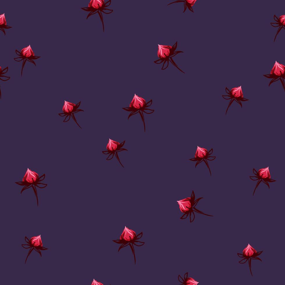 Minimalist seamless pattern with abstract artistic buds rose, rosebuds. Stylized red simple tiny flowers printing on a dark blue background.Vector hand drawn sketch.Template for designs, collage vector