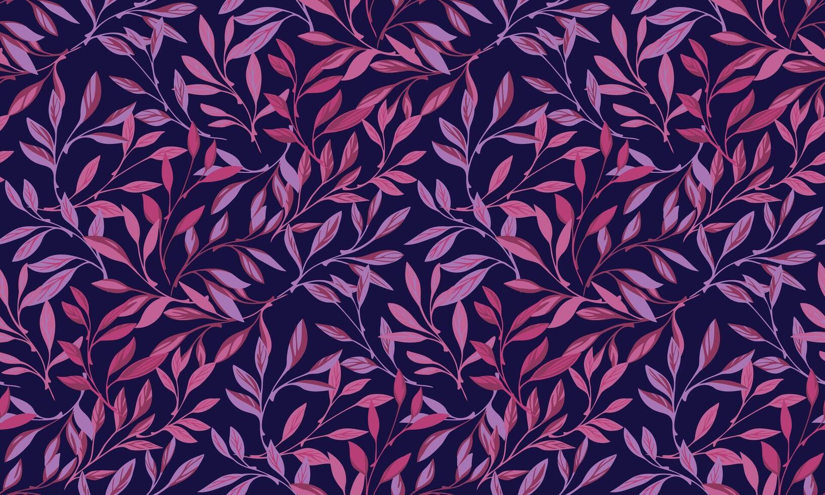 Ornate burgundy tiny branches leaves intertwined in seamless pattern. Vector hand drawn illustration. Abstract artistic leaf stems patterned on a dark blue background. Collage for design, printing