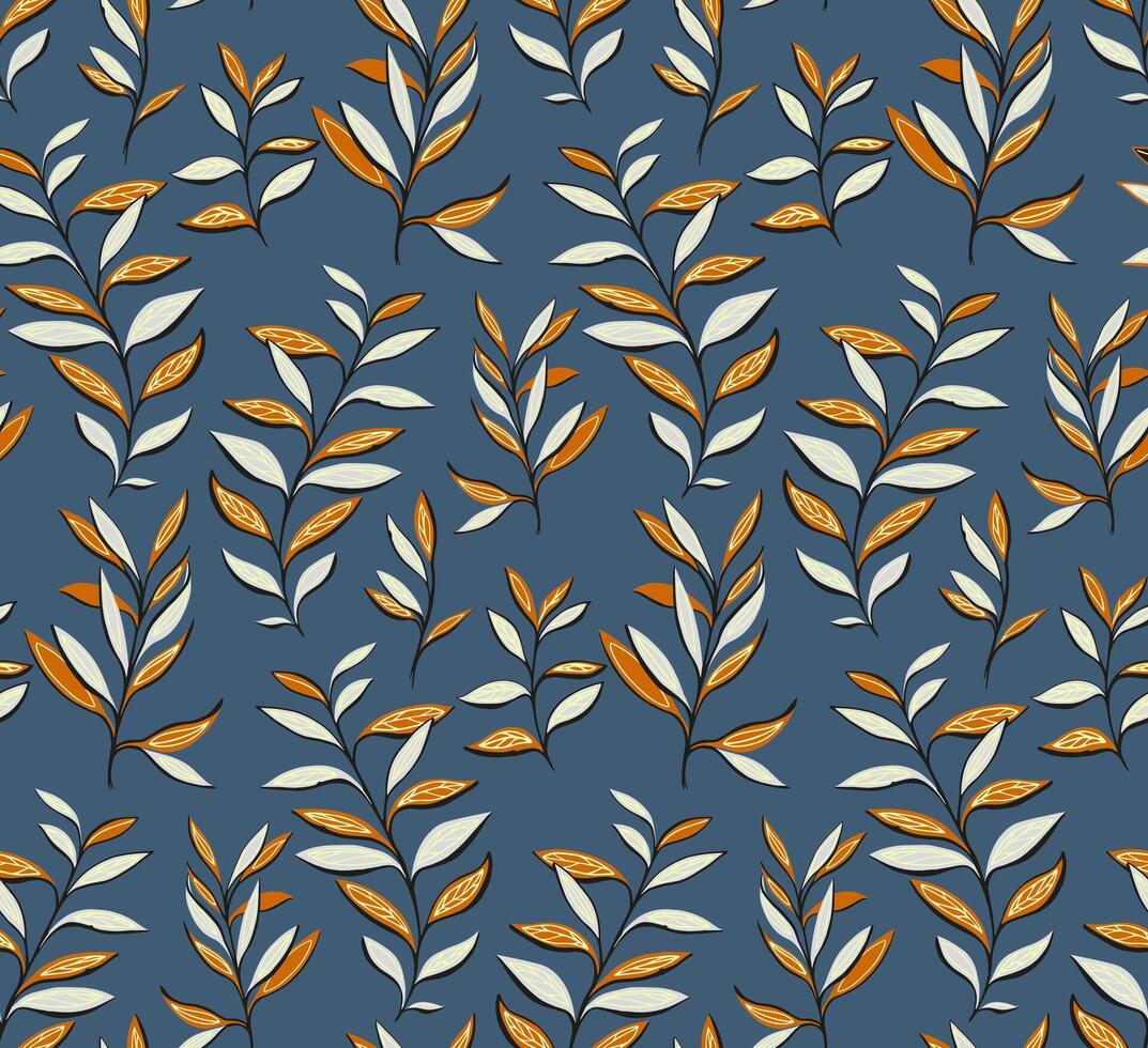 Abstract creative leaves branches seamless pattern on a true blue background. Vector hand drawn sketch. Modern leaf botanical patterned. Collage template for printing, textile, fabric, fashion