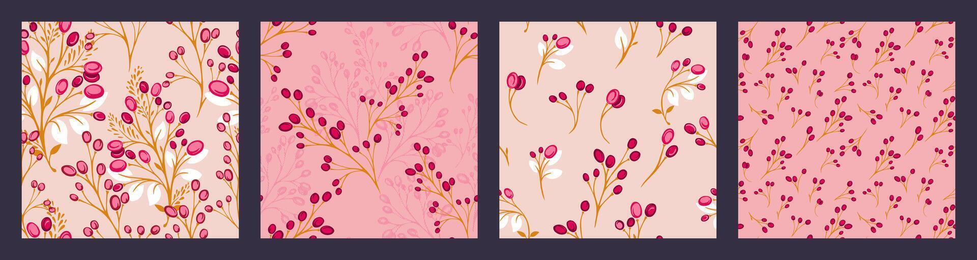 Peach collage of set seamless patterns print with creative, abstract chic branches tiny leaves and abstract shapes berries, drops, spots. Vector hand drawn. Templates for design, printing, patterned