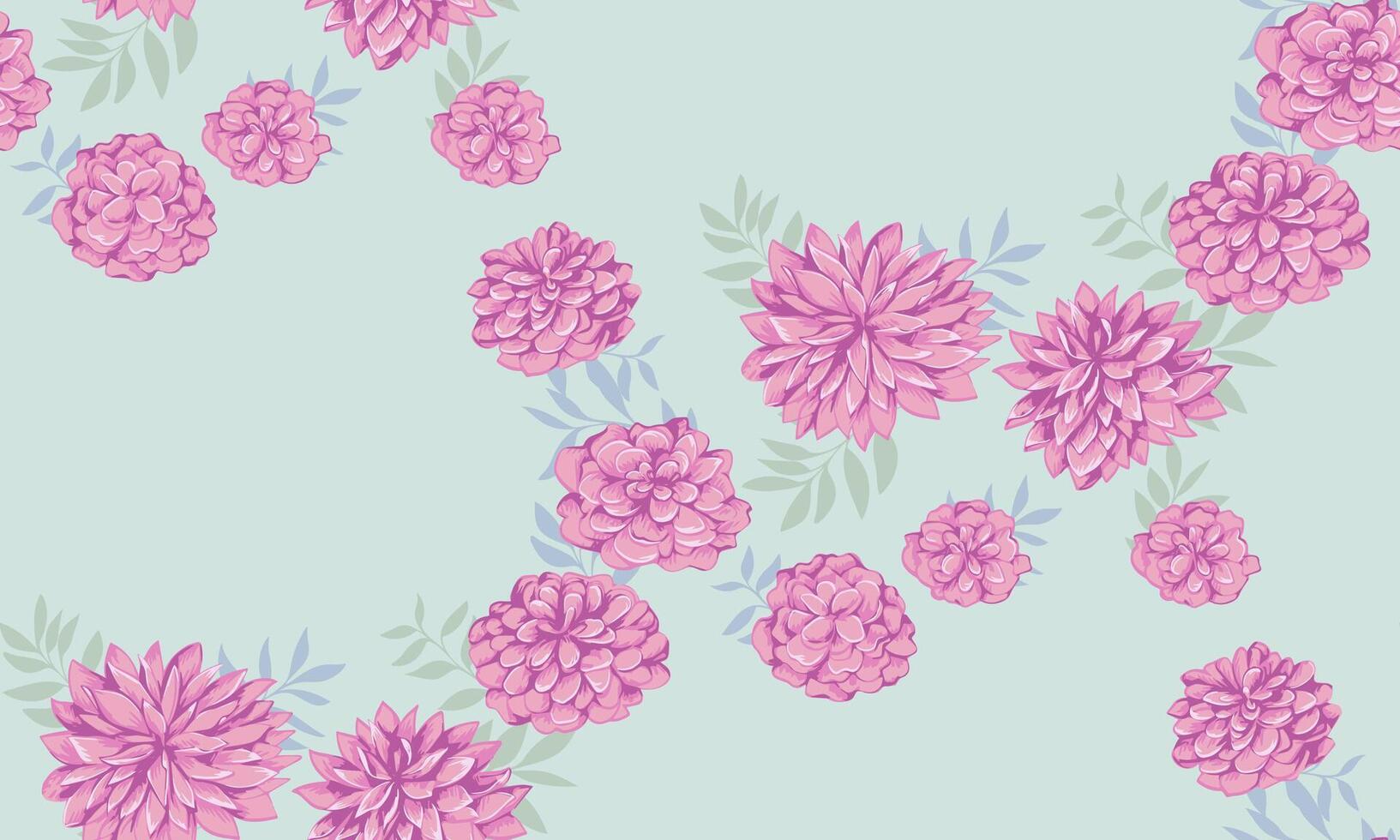 Gently pastel pink stylized flowers dahlias and branches leaves intertwine in a seamless pattern. Abstract artistic spring floral on a mint green background. Vector hand drawn sketch illustration.