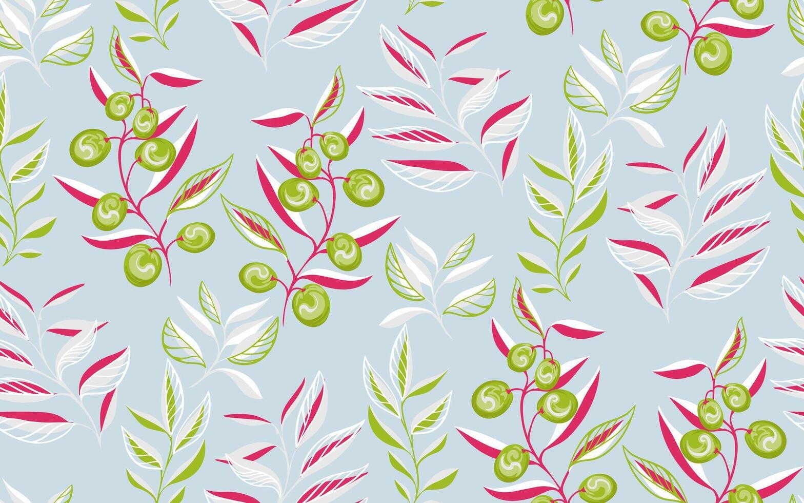 Creative stylized branches leaves abstract olives, seamless pattern. Vector hand drawn. Light pastel blue background with shapes leaf stems shapes drops, berries printing. Template for design, textile