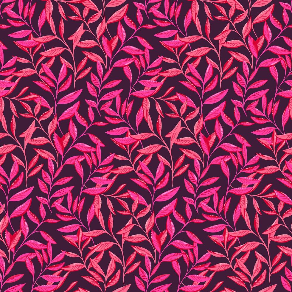 brillante rosado naranja hojas ramas entrelazar en un sin costura modelo. elegante estilizado artístico jardín hoja antecedentes. vector dibujado ilustración. modelo para diseño, textil, moda, imprimir, tela