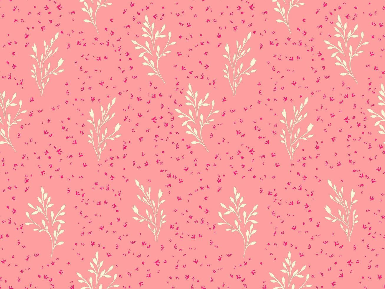 Seamless pattern with abstract flat branches with shapes drops, dots, spots. Trendy simple stylized tiny floral and polka dots, on a peach background. Vector hand drawn sketch. Template for design
