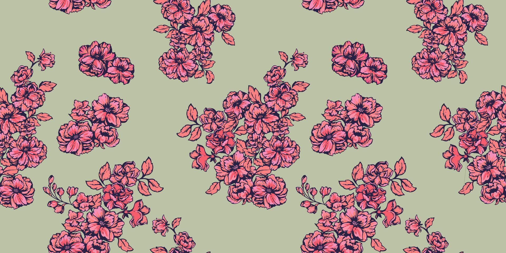 Seamless pattern with bouquets creative stylized wild flowers, buds, leaves. Blooming red abstract floral branches on a green background. Vector hand drawn. Collage template for printing, patterned,