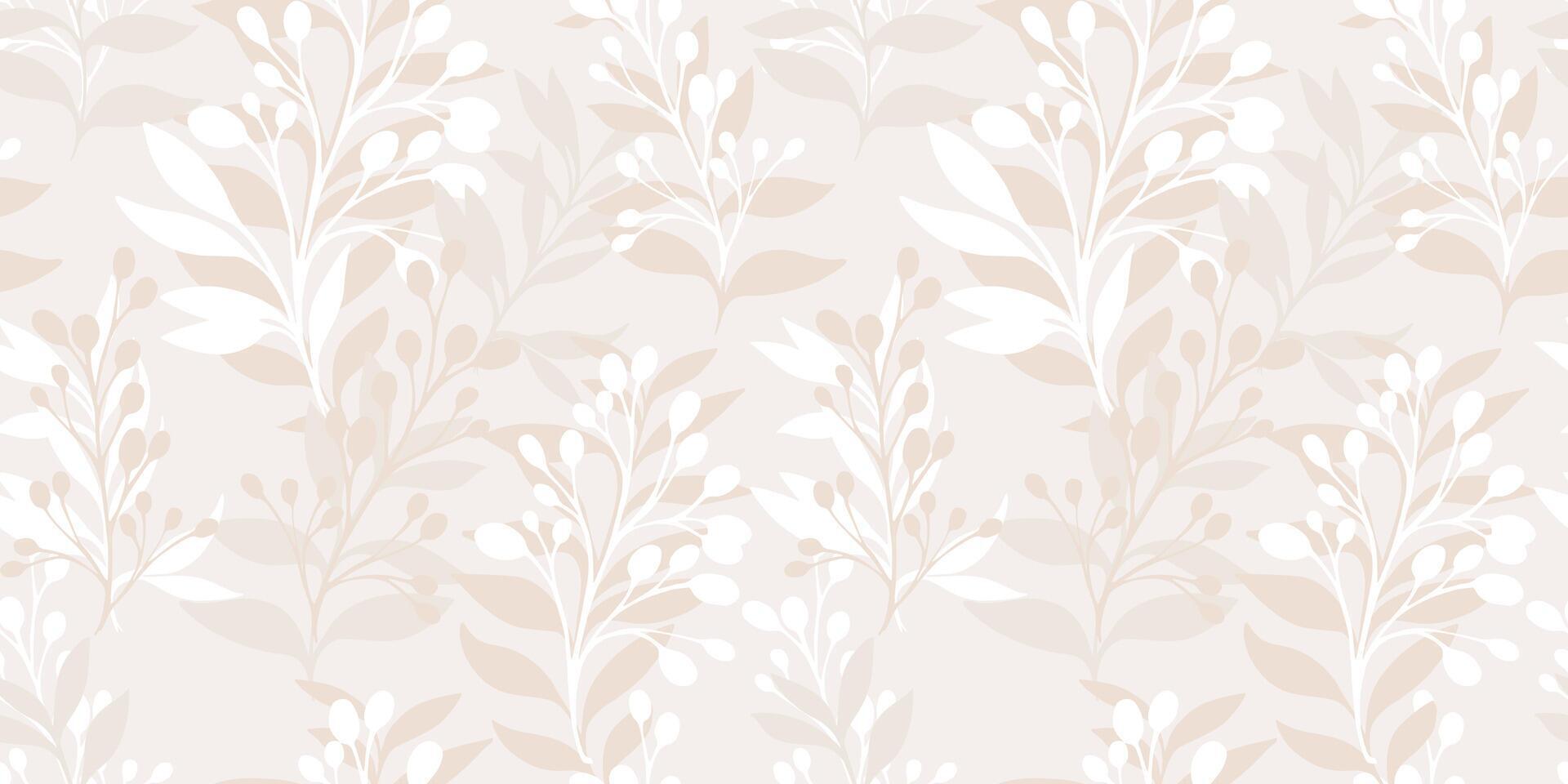 Monotone pastel beige tropical stems seamless pattern. Simple artistic silhouettes leaves branches background.  Vector hand drawn stylized, shapes. Design for fashion, fabric, textiles, printing