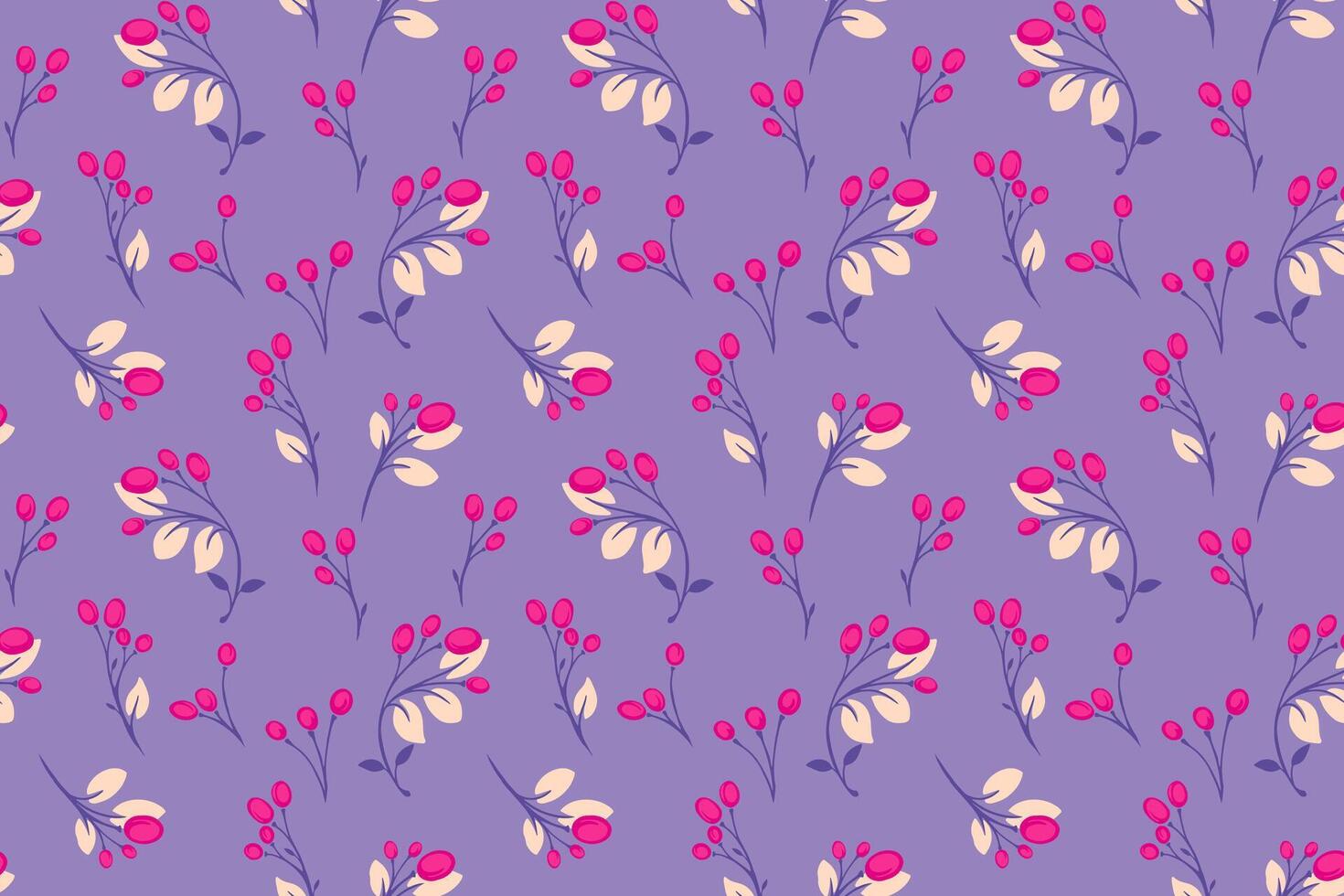 Purple pastel seamless pattern with creative abstract tiny branches with leaves, berries, drops. Cute decorative stylized floral polka dots print. Vector hand drawn illustration. Template for design